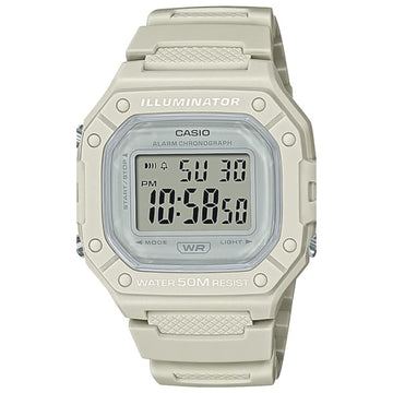 Ρολόι χρονογράφος Casio Illuminator W-218HC-8AVEF με λευκό καουτσούκ λουράκι, λευκό καντράν σε τετράγωνο σχημα με ψηφιακή ένδειξη και στεγανότητα 5ATM-50Μ.